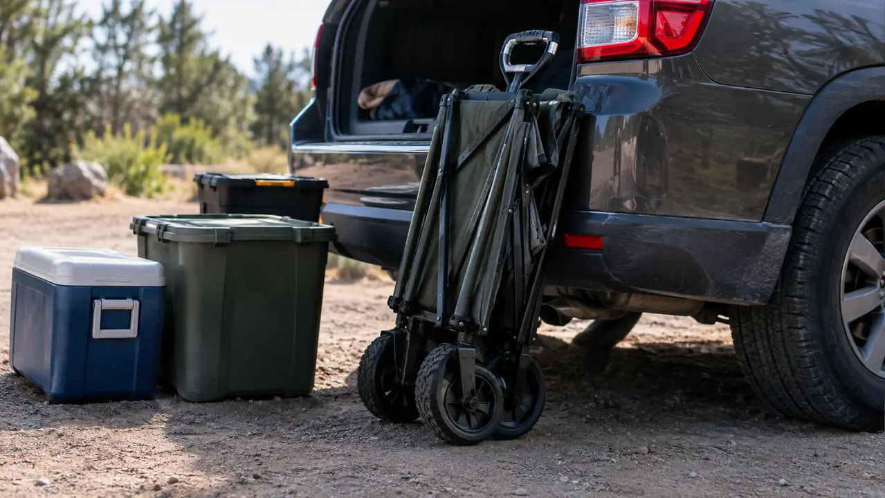 A folded collapsible wagon leaning against the tailgate of an SUV in a parking lot