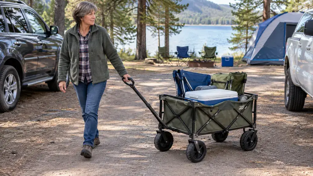 A person pulling a loaded folding wagon along a packed dirt path toward a campsite