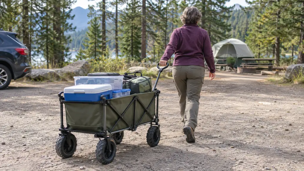A person pulling a loaded folding wagon across a dirt lot toward a campsite