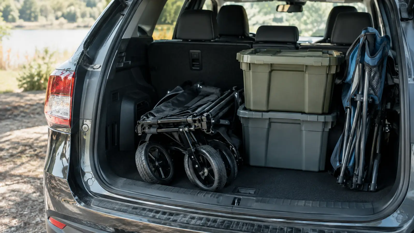 A folded wagon stowed flat in the back of an SUV beside plastic storage bins