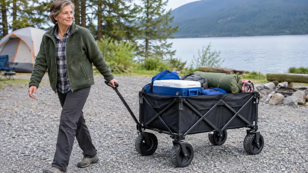 Person pulling a folding wagon across gravel